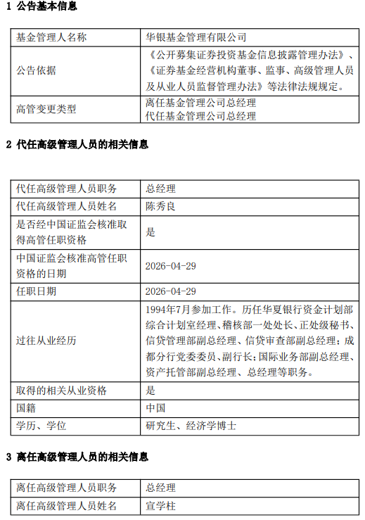 华银基金董事长、总经理同日离任 华夏银行“老兵”陈秀良接掌帅印