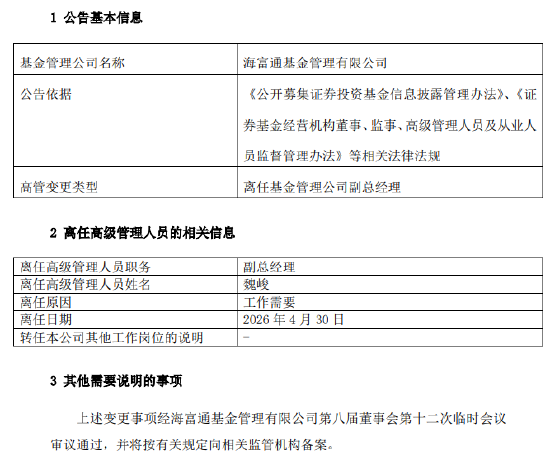 海富通基金副总经理魏峻离任！整合大考在即